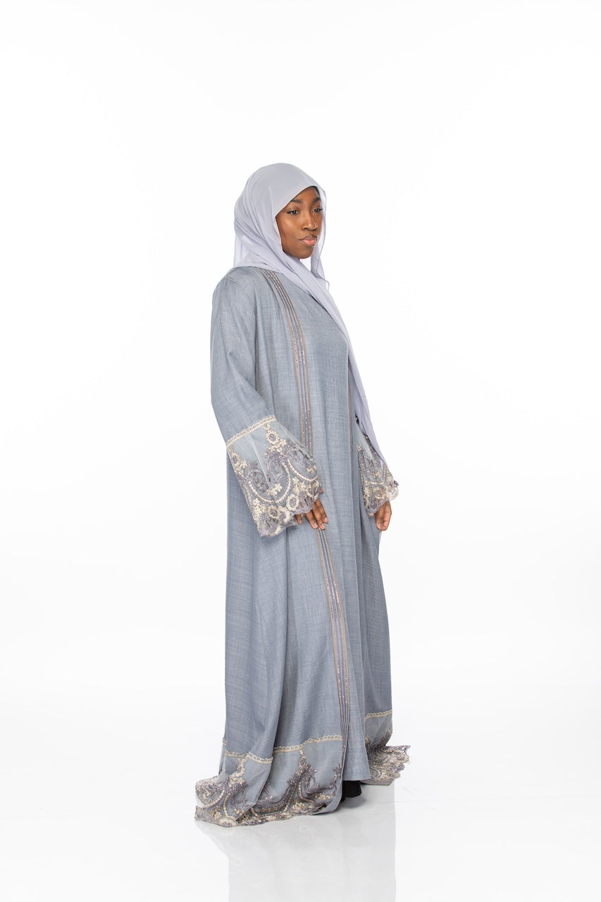 Floral Lace Abaya - Denim Blue