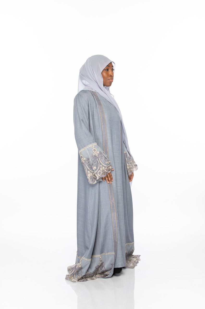 Floral Lace Abaya - Denim Blue
