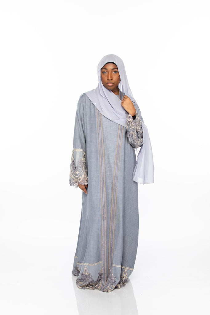 Floral Lace Abaya - Denim Blue