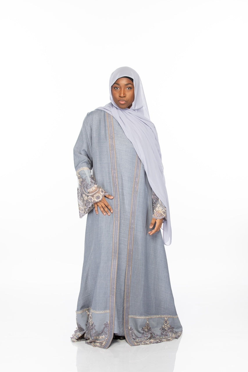 Floral Lace Abaya - Denim Blue