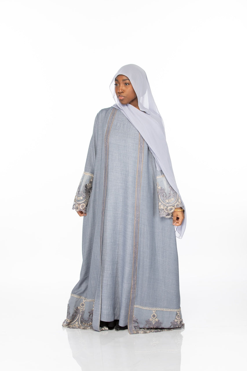 Floral Lace Abaya - Denim Blue