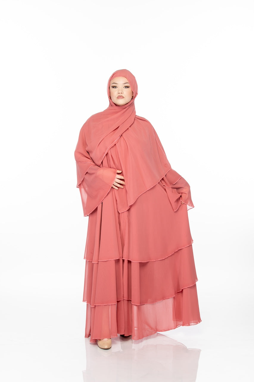 Layered Chiffon Ruffle Abaya - Peach