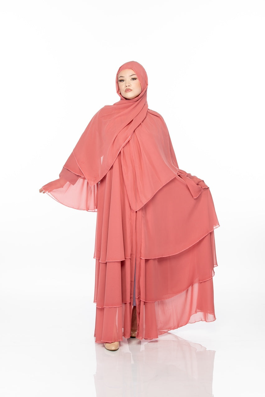 Layered Chiffon Ruffle Abaya - Peach