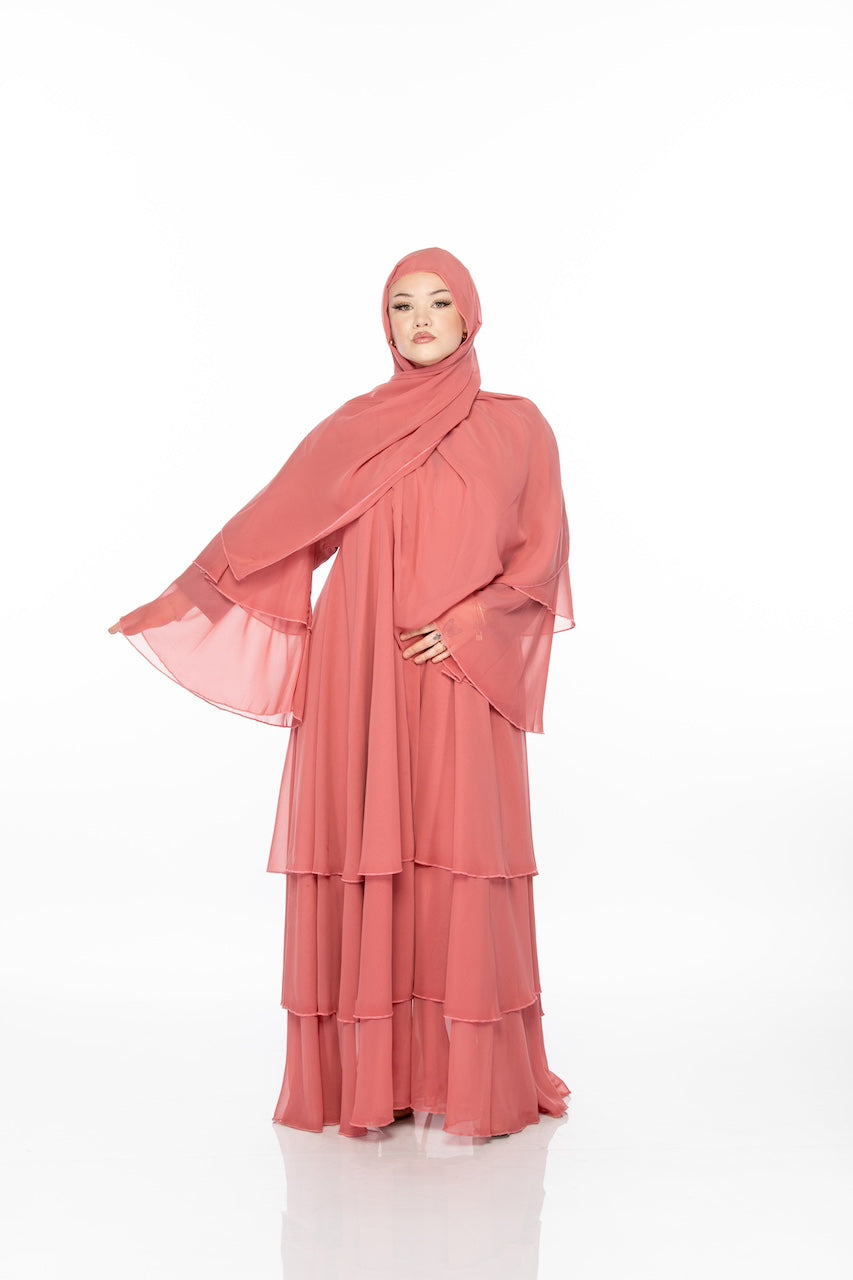 Layered Chiffon Ruffle Abaya - Peach