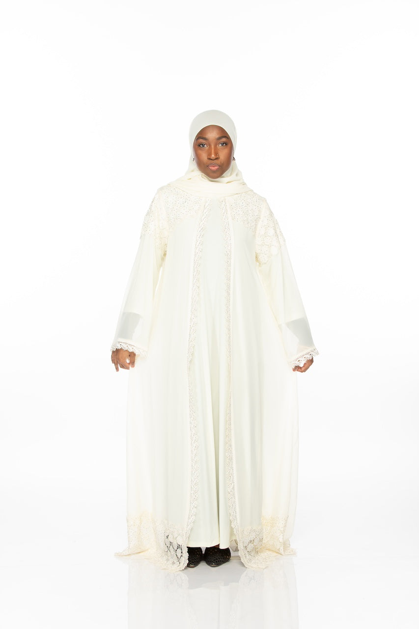 Geometric Lace Abaya - Cream