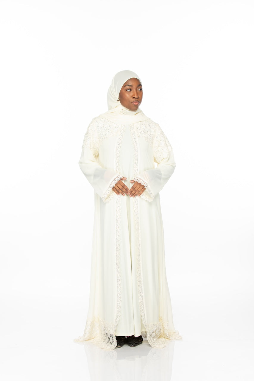 Geometric Lace Abaya - Cream