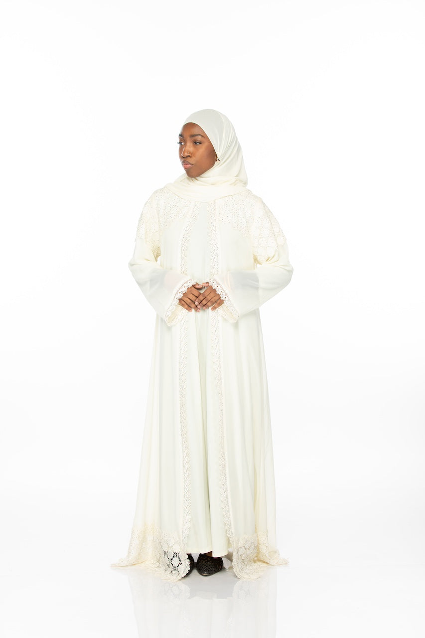 Geometric Lace Abaya - Cream