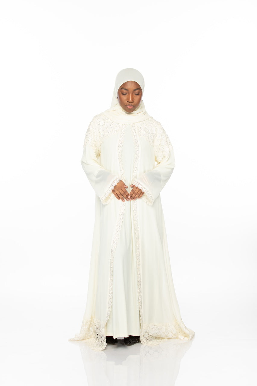 Geometric Lace Abaya - Cream