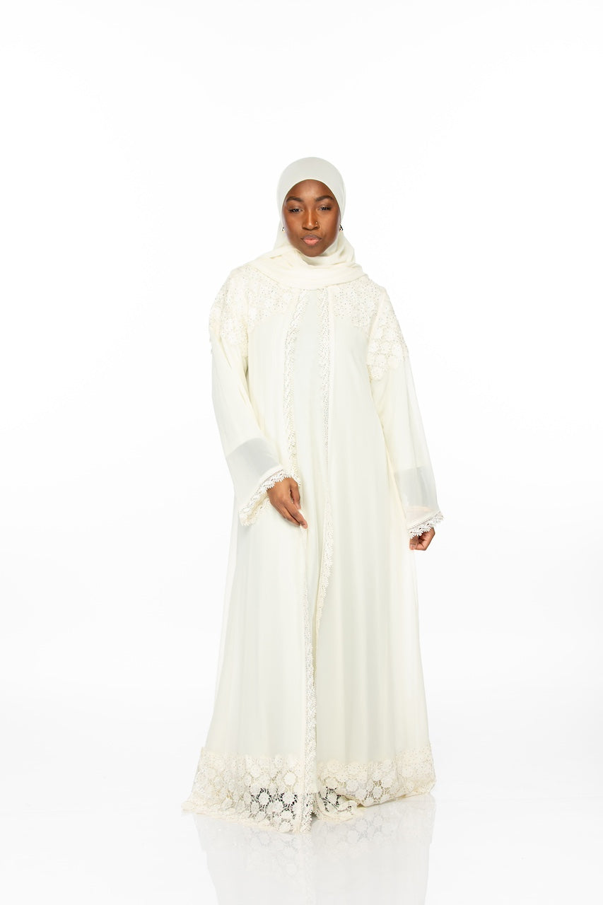 Geometric Lace Abaya - Cream