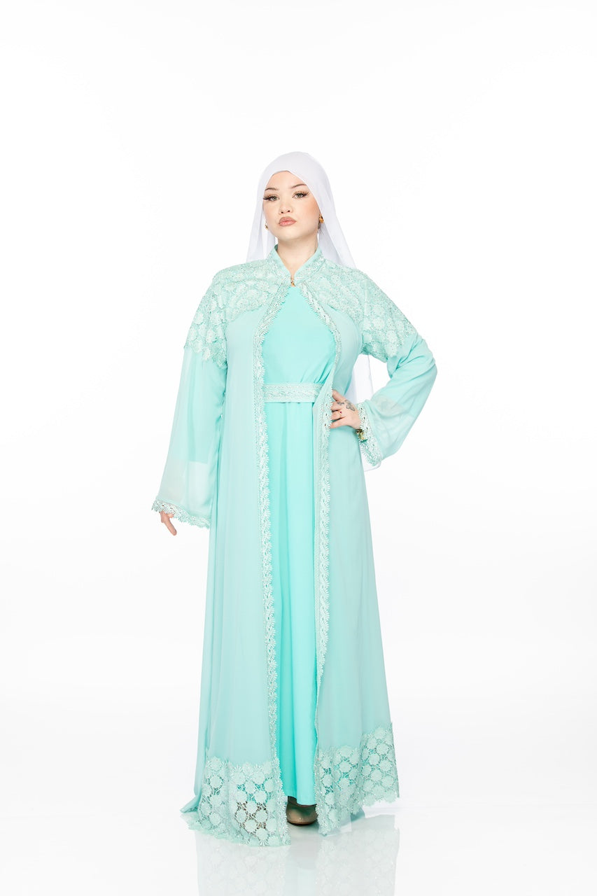 Geometric Lace Abaya - Sky Blue