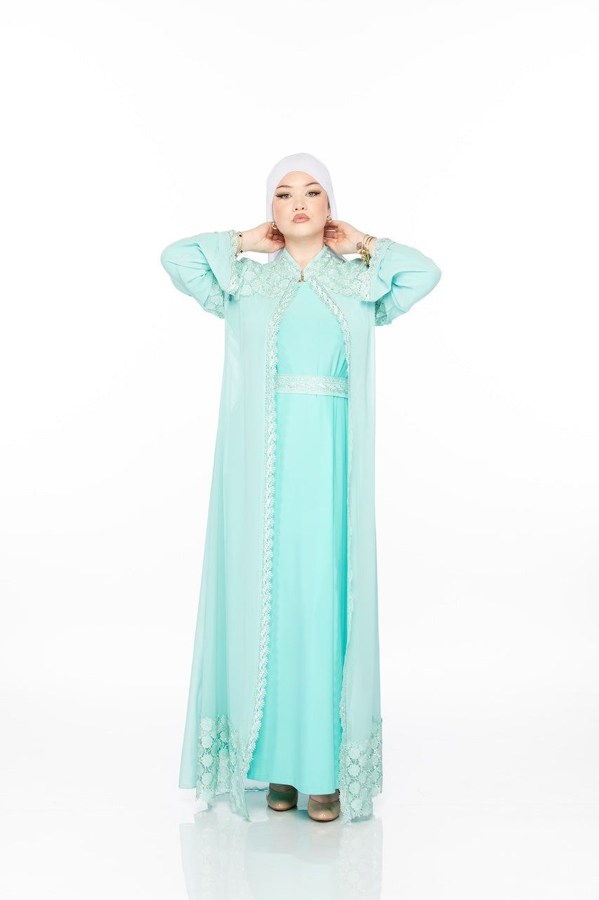 Geometric Lace Abaya - Sky Blue