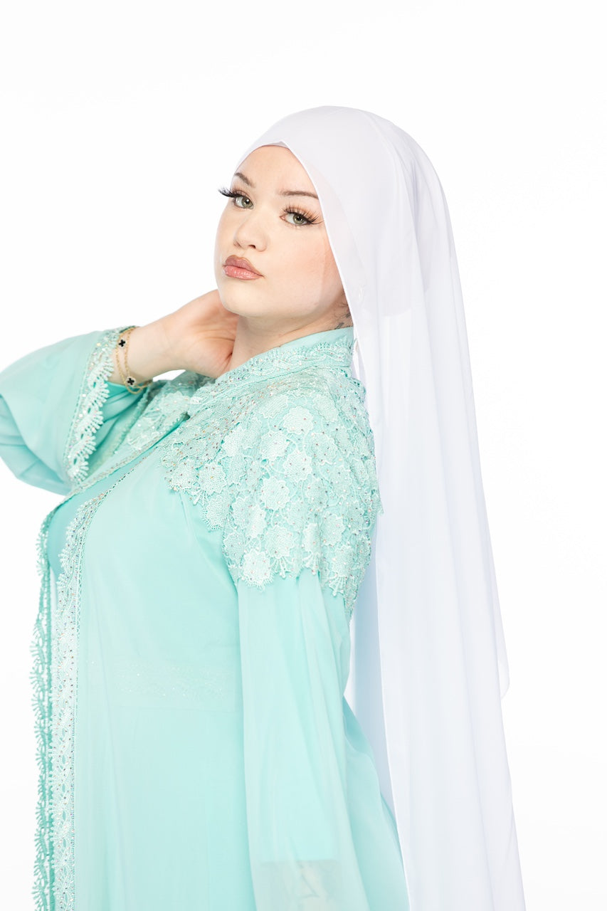 Geometric Lace Abaya - Sky Blue