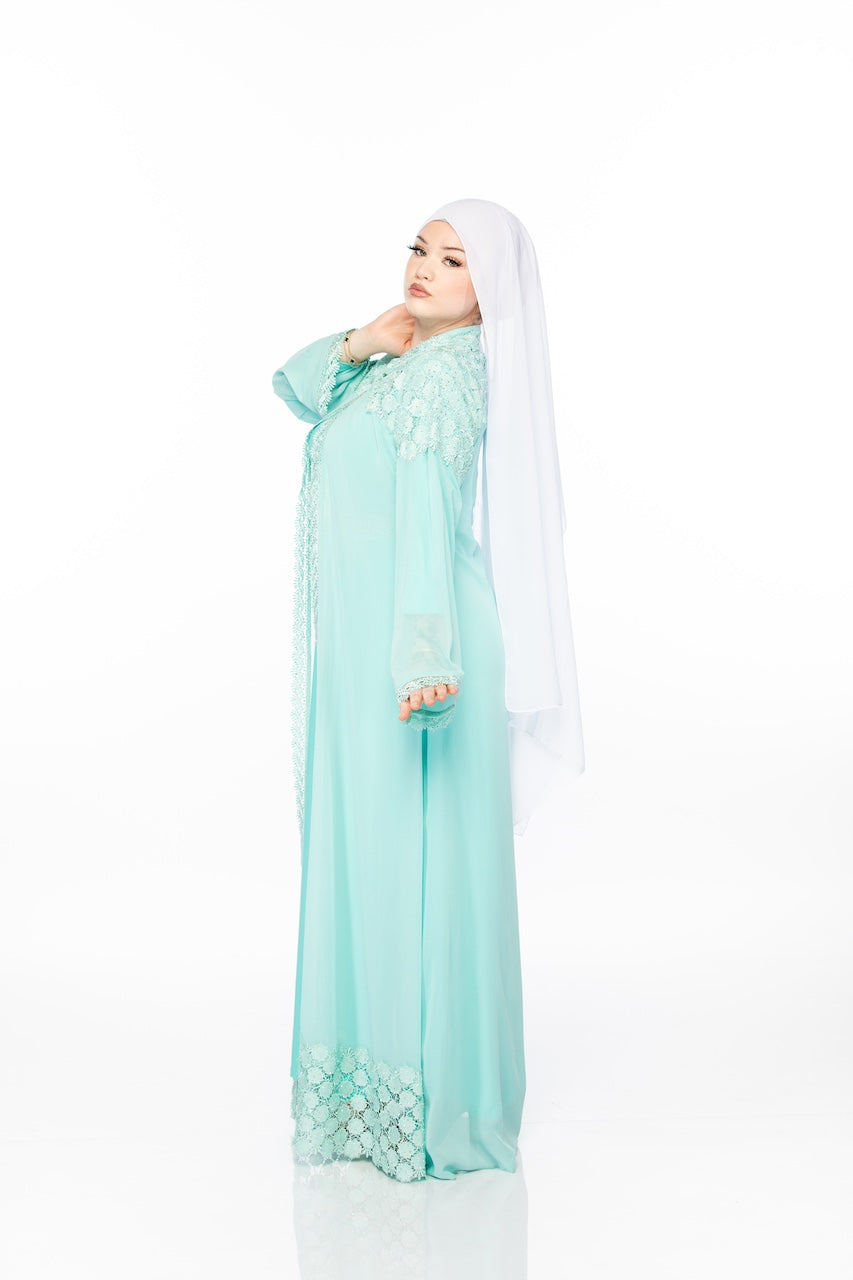 Geometric Lace Abaya - Sky Blue