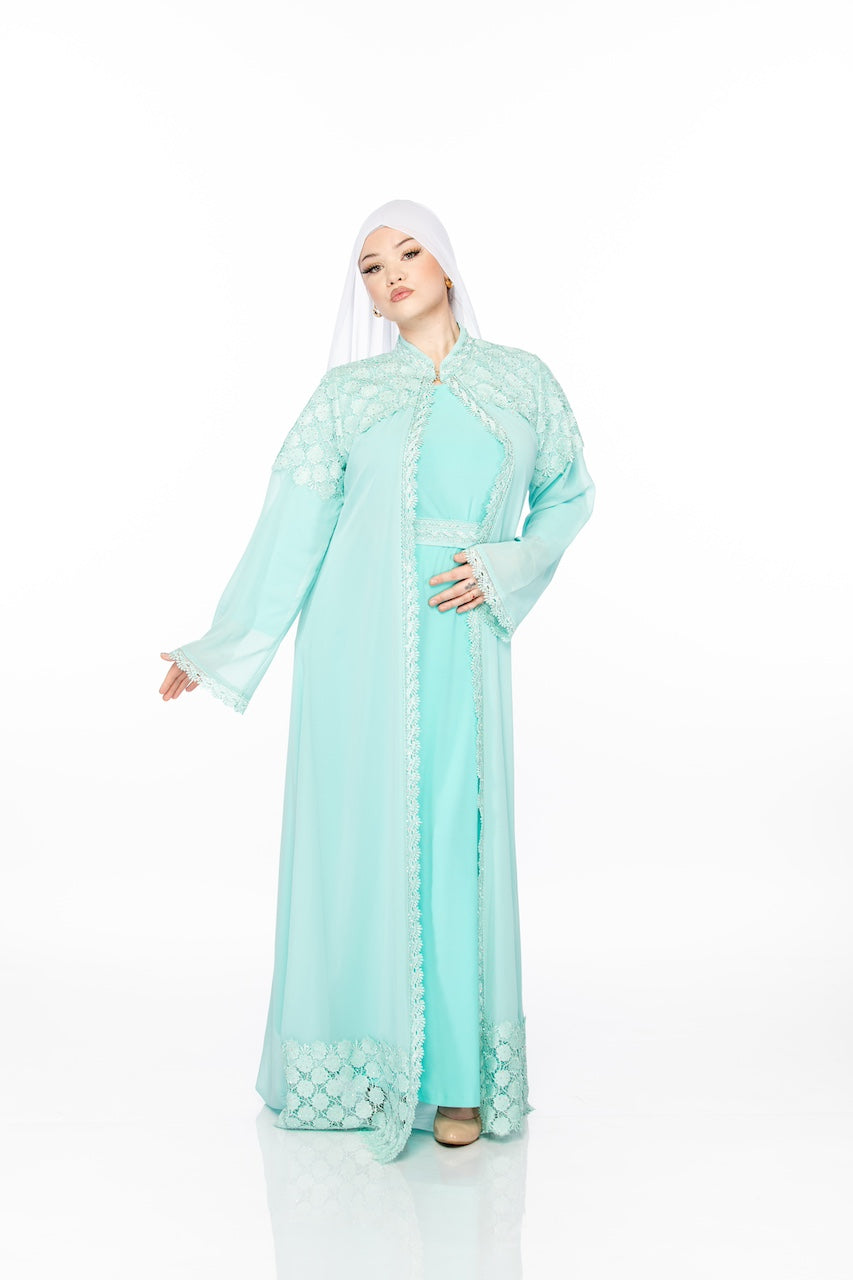 Geometric Lace Abaya - Sky Blue