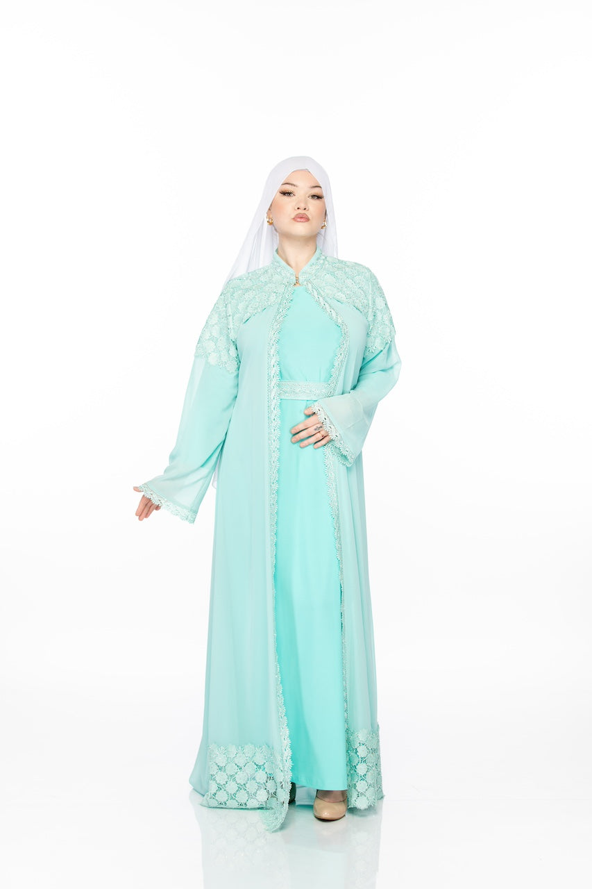 Geometric Lace Abaya - Sky Blue